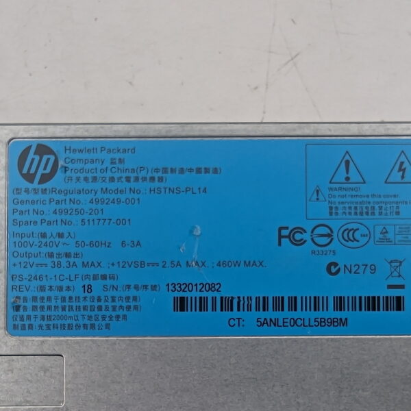 Блок питания HSTNS-PL14, 511777-001, 499250-201, 499249-001, HP ProLiant DL360p, DL380p G6, DL160 G6, DL180 G6, DL320 G6, DL360 G6, DL370 G6, DL380 G6, DL385G5p G6, DL350 G6, DL370 G6, 460 Вт — изображение 2