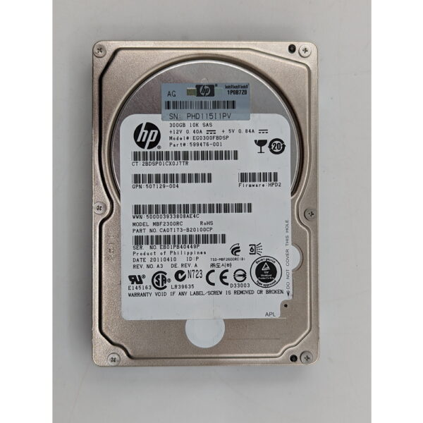 Жесткий диск EG0300FBDSP, 599476-001, 507129-004, MBF2300FC, HP, 300 Гб, SAS, 2.5