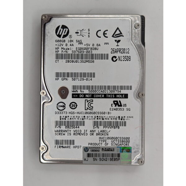 Жесткий диск EG0600FBDBU, 597609-003, 507129-014, HP, 600 Гб, SAS, 2.5