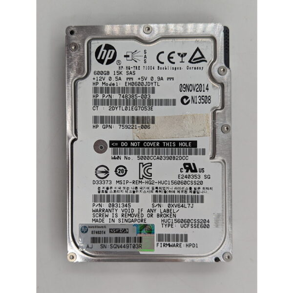 Жесткий диск EH0600JDYTL, 748385-003, 759221-006, HP, 600 Гб, SAS, 2.5
