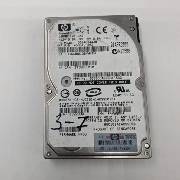 Жесткий диск 459512-002, 375863-010, HUC101414CSS30, HP, Hitachi, 147 Гб, SAS, 2.5