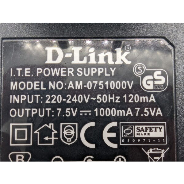 Адаптер питания AM-0751000V, D-Link, 7.5V, 1000mA — изображение 2