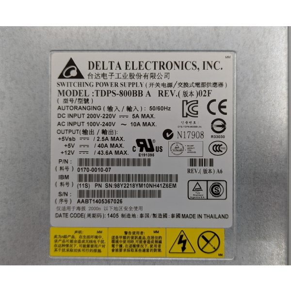Блок питания TDPS-800BB A, 0170-0010-07, 98Y2218, IBM System Storage DS2500, DS2512, DS2524, EXP2524, 800W