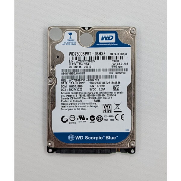 Жесткий диск WD7500BPVT, 45N7059, WD, 750 Гб, SATA, 2.5