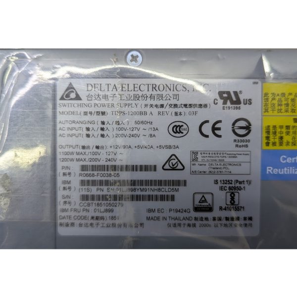 Блок питания 01LJ899, R0668-F0038-05, TDPS-1200BB A, Delta, IBM Storwize V7000 Gen2, 1200 Вт
