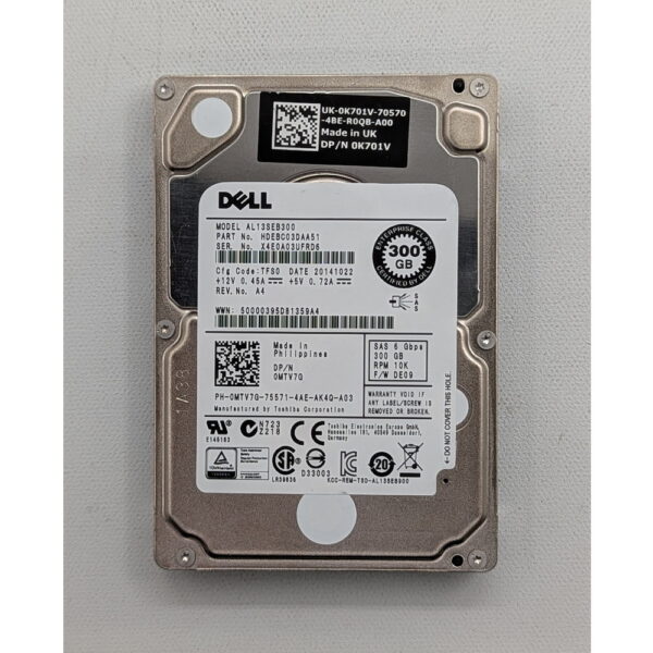 Жесткий диск AL13SEB300, 0MTV7G, HDEBC03DAA51, Dell, Toshiba, 300 Гб, SAS, 2.5