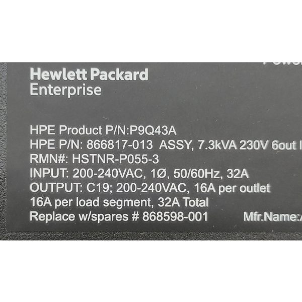 Распределитель питания 866817-013, P9Q43A, HPE, 1U, 6 x C19, 32A, 7.3kVA, без креплений