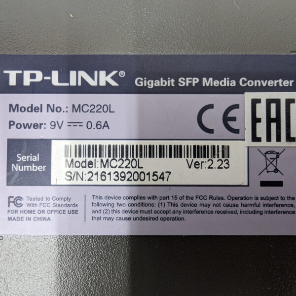 Медиаконвертер MC220L, TP-Link, 1 x RJ-45, 1 x SFP, волокно - MM, SM, 1 Гбит/с, Full-duplex, до 0.5 км