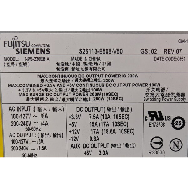 Блок Питания s26113-e508-v50, NPS-230eb, Fujitsu, 230 Вт