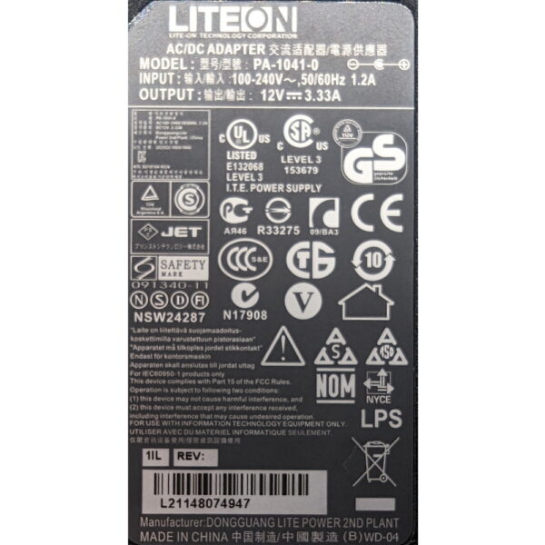 Адаптер питания pa-1041-0, Lite-On, 12V, До 3a Max, 6.5-4.4мм с иглой в центре