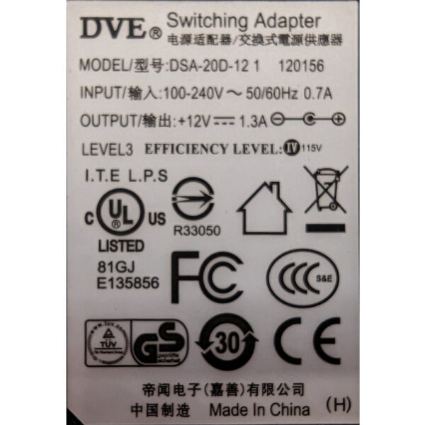 Адаптер питания dsa-20d-12, DVE, 12V 1.3A, 5.5, 2.1mm
