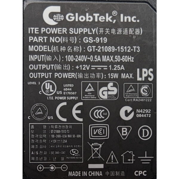 Адаптер питания GT-21089-1512-T3, GS-919, GlobTek, 12V, 1,25A