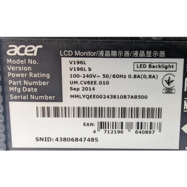 Монитор v196l, Acer, 19", 1280 x 1024, имеются следы эксплуатации