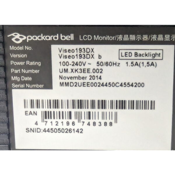 Монитор Viseo 193dx, Packard Bell, 18.5", 1366 x 768, имеются следы эксплуатации