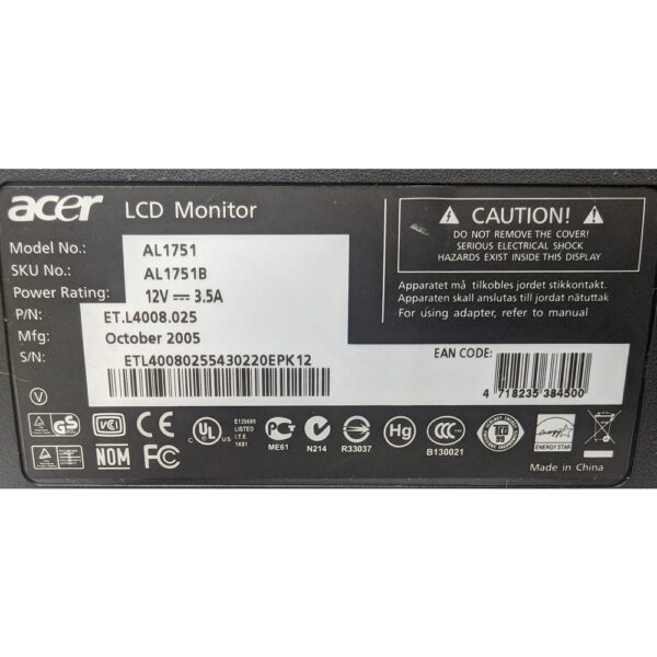 Монитор 1751B, Al1751, ET.L4008.025, Acer, 17", 1280 × 1024, имеются следы эксплуатации