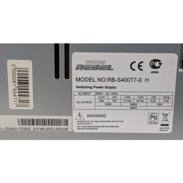 Блок питания RB-S400T7-0 H, InWin, 400 Вт, 20 + 4 pin, 4+4 pin CPU, 3 SATA, 6 pin PCI-E
