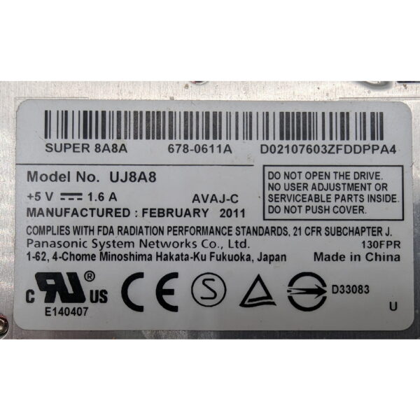 Привод DVD-RW 678-0611A, UJ8A8, Panasonic, Apple MacBook, 9,5мм, Slim, SATA