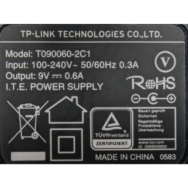 Адаптер питания T090060-2C1, TP-Link, 9V, 0,6A, 5.5 х 2.1