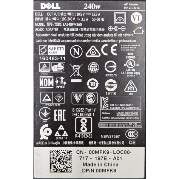 Адаптер питания 00MFK9, Dell, 19.5v, 12.3a, 240w, с кабелем питания