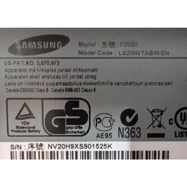 Монитор F2080, Samsung, 20", 1600 x 900, имеются следы эксплуатации, без подставки
