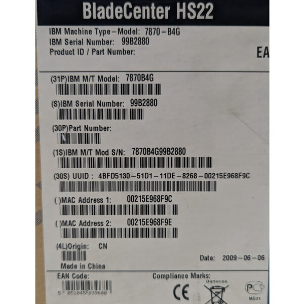Блейд-сервер 49Y5124, 7870B4G, IBM BladeCenter HS22: материнская плата (49Y5118) - 1 шт., процессор Intel Xeon E5540 (SLBF6) - 1 шт., модуль памяти 2 Гб DDR3 (44T1497, 43X5051, M392B5670EH1-CH9) - 2 шт., радиатор 46C77320, 46C3545 - 1 шт.