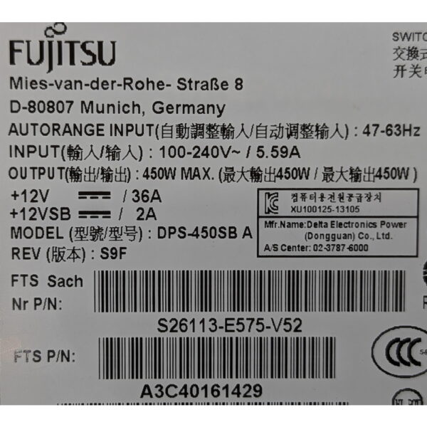 Блок питания S26113-E575-V52, A3C40161429, DPS-450SB A, Fujitsu Primergy RX100S7, RX300S7, TX200S7, TX300S7, 450 Вт