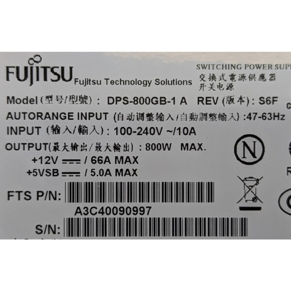 Блок питания A3C40090997, DPS-800GB-1A, Fujitsu Primergy RX300 S5, 800 Вт