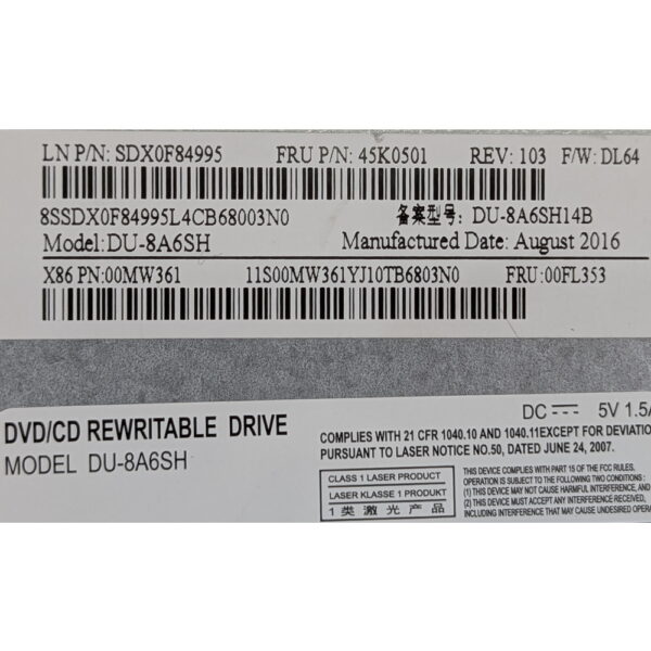 Привод DVD-RW 45K0501, DU-8A6SH, Lenovo, SATA, 9.5