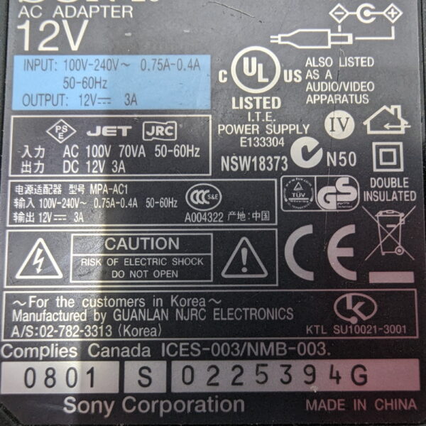 Адаптер питания 02-782-3313, NSW18373, MPA-AC1 N50, 12V, 3А, 36 Вт, Sony DRX-820U DRX820U DRX-820 U External DVD RW