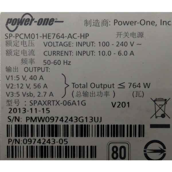 Блок питания 0974243-05, SP-PCM01-HE764-AC-HP, Power One, HP 3PAR StoreServ 7200, 7400, M6710, M6720, 764 Вт