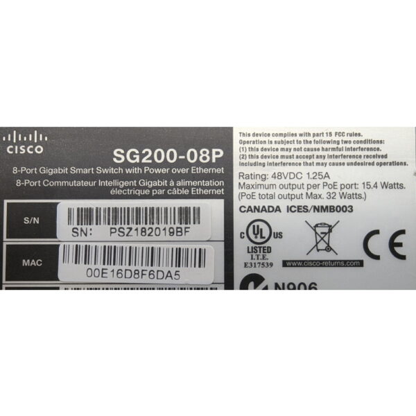 Коммутатор SG200-08P, Cisco, без БП