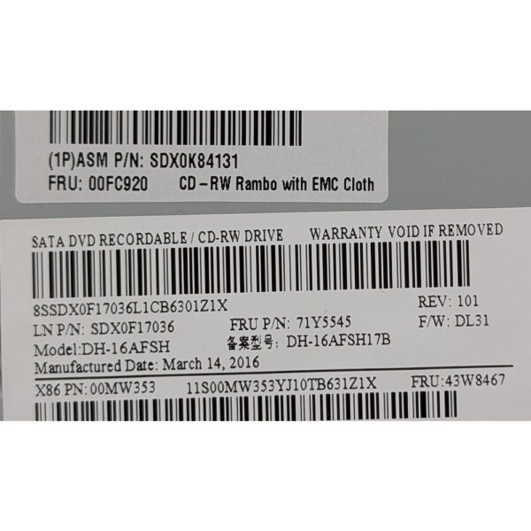 Привод DVD-RW 00FC920, 71Y5545, DH-16AFSH, Lenovo ThinkStation P510, P710, SATA