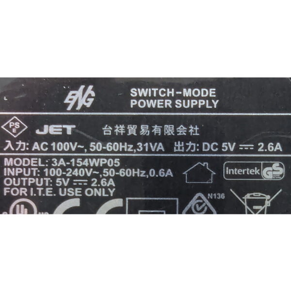 Адаптер питания 3A-154WP05, ENG, 5V 2.6A