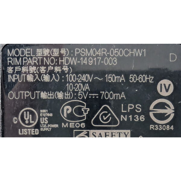 Адаптер питания HDW-14917-003, PSM04R-050CHW1, BlackBerry 9000, 8830, 8820, 8800, 8707, 8703e, 8700, 8330, 8320, 8310, 8300, 8130, 8120, 8110, 8100, 5V 0.7A, (3.5W), Mini USB