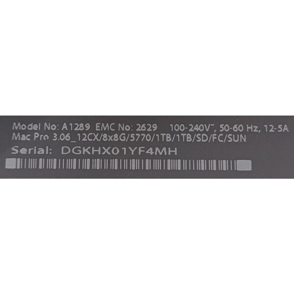 Системный блок A1289 Apple Mac Pro (2010 года), процессор Intel Xeon 3.06 GHz x 2 штуки, оперативная память 64 Гб DDR3 ECC, видеокарта Amd Radeon HD 5770 1024 Мб, жесткий диск 1 Тб, macOS ElCapitan, имеются следы эксплуатации