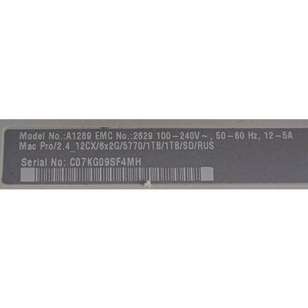 Системный блок A1289 Apple Mac Pro (2010 года), процессор Intel Xeon 2.4 GHz x 2 штуки, оперативная память 64 Гб DDR3 ECC, видеокарта Amd Radeon HD 5770 1024 Мб, жесткий диск 2 Тб, macOS ElCapitan, имеются следы эксплуатации