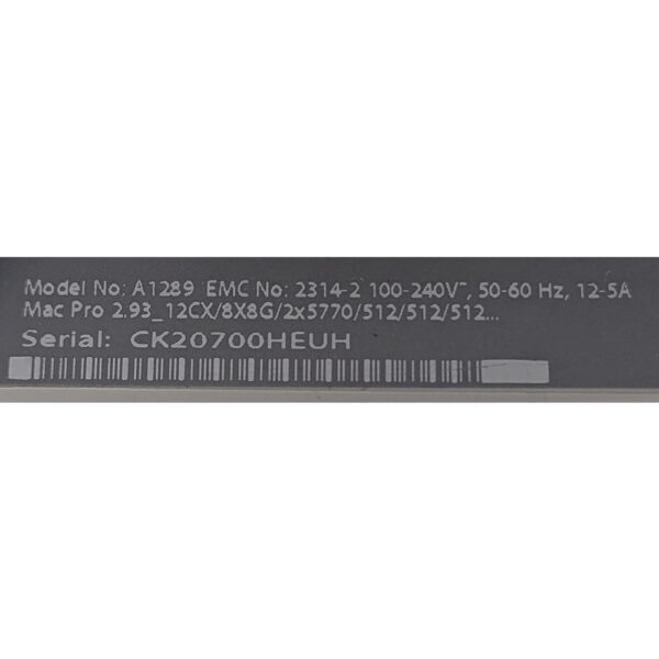 Системный блок A1289 Apple Mac Pro (2010 года), процессор Intel Xeon 2.93 GHz x 2 штуки, оперативная память 64 Гб DDR3 ECC, видеокарта Amd Radeon HD 5770 1024 Мб, жесткий диск 2 Тб, macOS ElCapitan, имеются следы эксплуатации