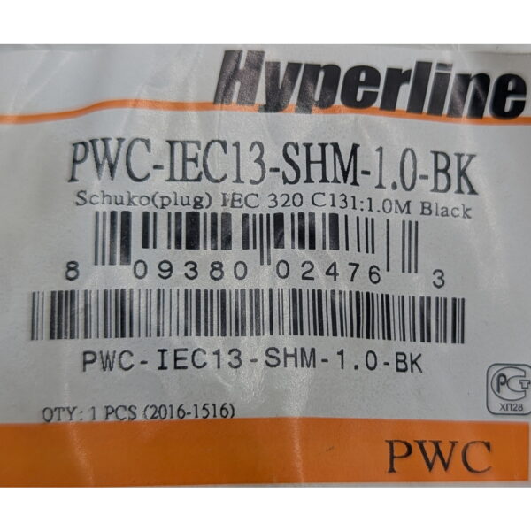 Кабель питания PWC-IEC13-SHM-1.0-BK, Hyperline, C13-Schuko, 3x0.75мм2, 1м, 250В, 10А