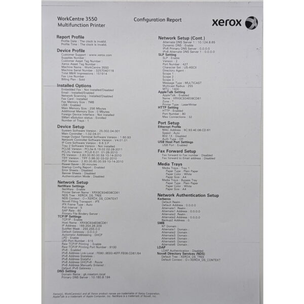 Xerox Workcentre 3550, пробег 151914, замятие первого лотка, со второго печатает нормально, не исправен верхний автоподатчик, возможно, требуется замена роликов.