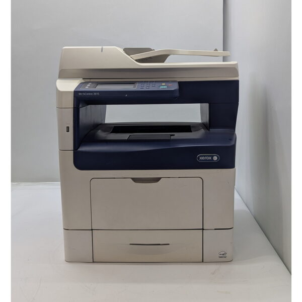 Xerox Workcentre 3615, пробег 158063, печатает, проблема с автоподатчиком, не захватывает листы, возможно, требуется замена роликов.