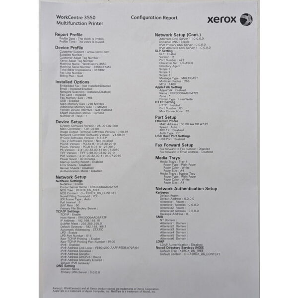 Xerox Workcentre 3550, пробег 316892, при печати возникает ошибка- зависает на этом этапе, не печатает, ошибка сети.