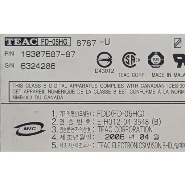 Флоппи-дисковод FDD 0T7421, 19307587-87, FD-05HG 8787-U, TEAC, Dell Poweredge 1850